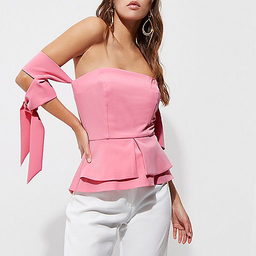 river island womens shirts,jacques-vertuk Shop Pink tie sleeve peplum hem bardot top women 708265