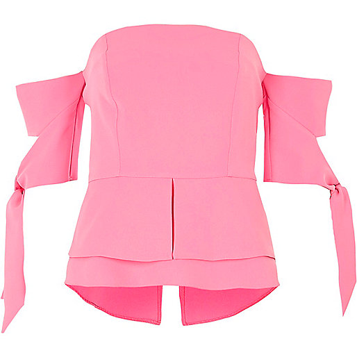 jacques-vertuk Pink tie sleeve peplum hem bardot top 708265 women Tops Crop Tops / Bralets