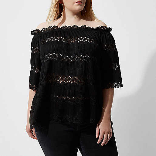 jacques-vertuk Plus black bardot lace shirred top 701477 women Tops Bardot / Cold Shoulder Tops