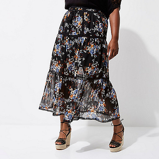 river island new bags,jacques-vertuk Outlet Plus black chiffon floral tiered maxi skirt women 704822