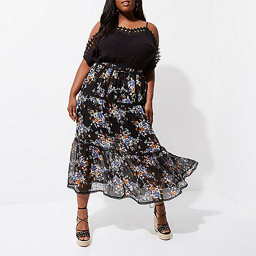 jacques-vertuk Plus black chiffon floral tiered maxi skirt 704822 women Skirts