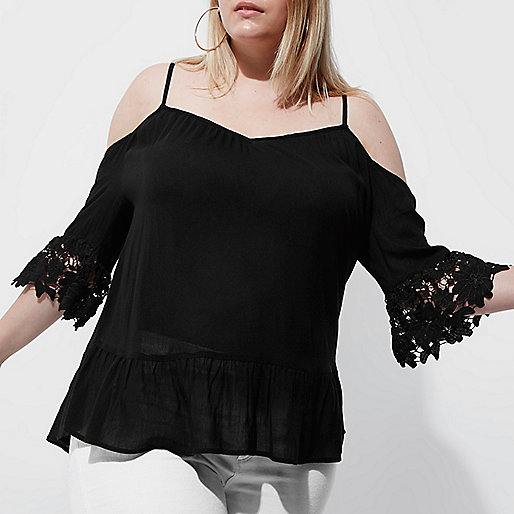 jacques-vertuk Plus black cold shoulder crochet top 704194 women Tops Bardot / Cold Shoulder Tops