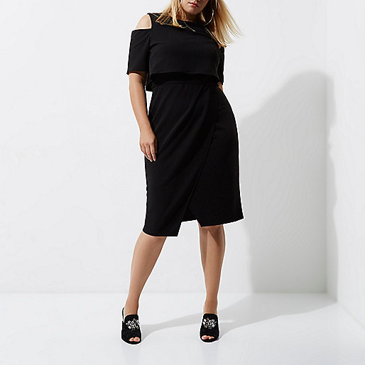 jacques-vertuk Plus black cold shoulder double layer dress 707828 women Dresses Bodycon Dresses