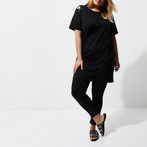 jacques-vertuk Plus black eyelet shoulder oversized T-shirt 708374 women Tops T-Shirts & Vests Plain T-Shirts / Vests