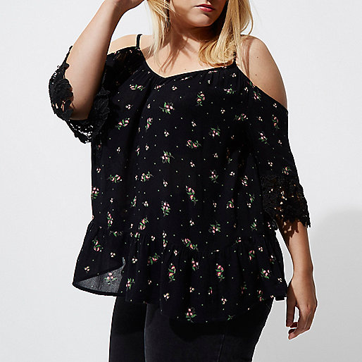 jacques-vertuk Plus black floral cold shoulder crochet top 705435 women Tops Bardot / Cold Shoulder Tops