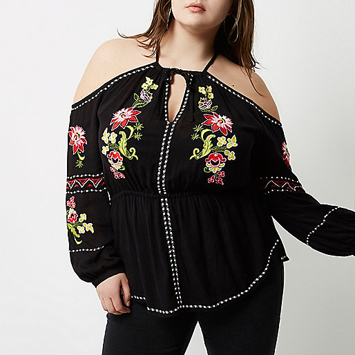 jacques-vertuk Plus black floral cold shoulder top 697505 women Seasonal Offers