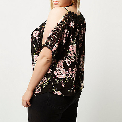 river island holiday clothes,jacques-vertuk Shop Plus black floral crochet cold shoulder top women 697138