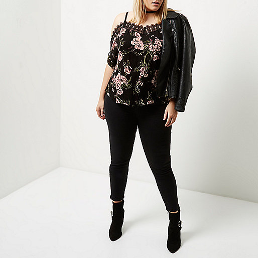 river island holiday clothes,jacques-vertuk Shop Plus black floral crochet cold shoulder top women 697138