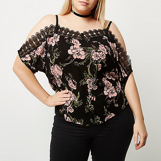 river island holiday clothes,jacques-vertuk Shop Plus black floral crochet cold shoulder top women 697138