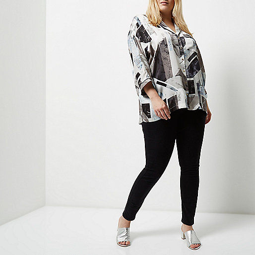 river island black embossed bag,jacques-vertuk Satin Plus black geo print shirt Tops Sale women