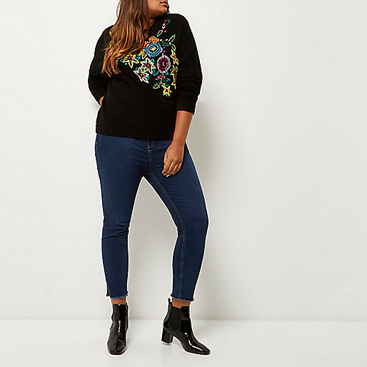 river island boxing day,jacques-vertuk London Plus black knit floral embroidered sweater women 691524