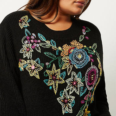 river island boxing day,jacques-vertuk London Plus black knit floral embroidered sweater women 691524