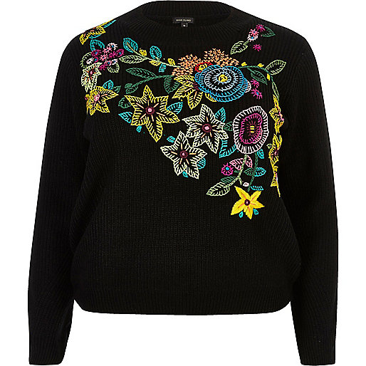 river island boxing day,jacques-vertuk London Plus black knit floral embroidered sweater women 691524