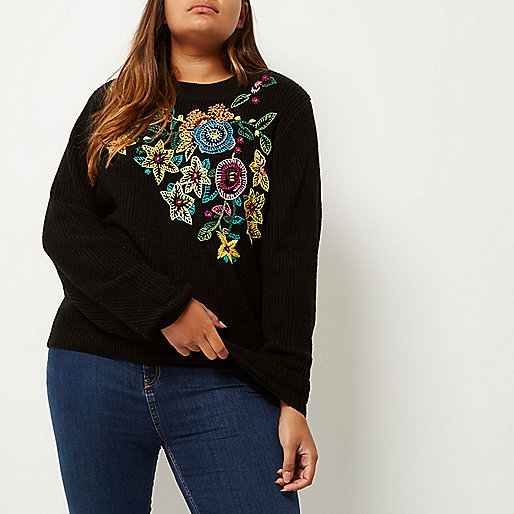 river island boxing day,jacques-vertuk London Plus black knit floral embroidered sweater women 691524