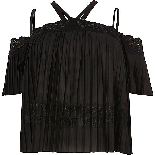 jacques-vertuk Plus black lace pleated cold shoulder top 694312 women Tops