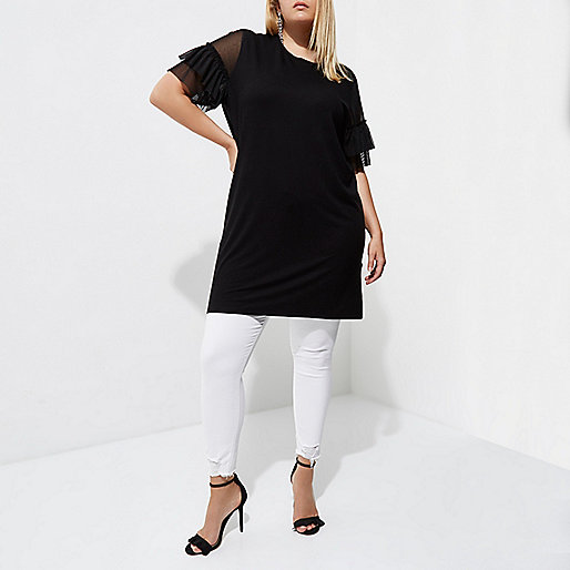 river island barrel bag,jacques-vertuk South Africa Plus black mesh frill sleeve longline T-shirt women 710421