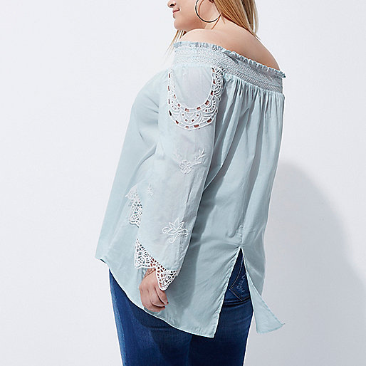 ebay river island,jacques-vertuk London Plus blue lace trim shirred bardot top women 704193