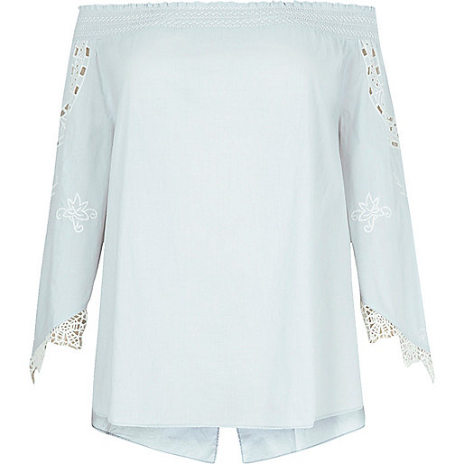 ebay river island,jacques-vertuk London Plus blue lace trim shirred bardot top women 704193