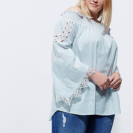 jacques-vertuk Plus blue lace trim shirred bardot top 704193 women Tops Bardot / Cold Shoulder Tops