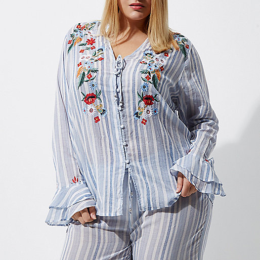 jacques-vertuk Plus blue stripe embroidered pajama top 706576 women Nightwear & Slippers Pyjamas & Loungewear