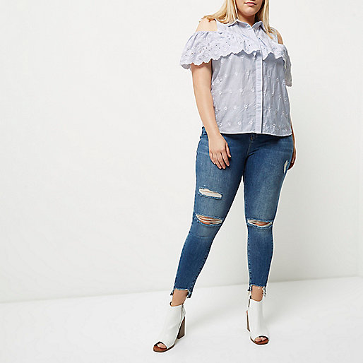 river island brooke jeans,Eu jacques-vertuk Plus blue stripe frill cold shoulder shirt Workwear Sale women