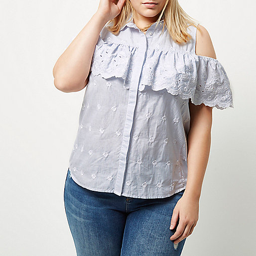 river island brooke jeans,Eu jacques-vertuk Plus blue stripe frill cold shoulder shirt Workwear Sale women