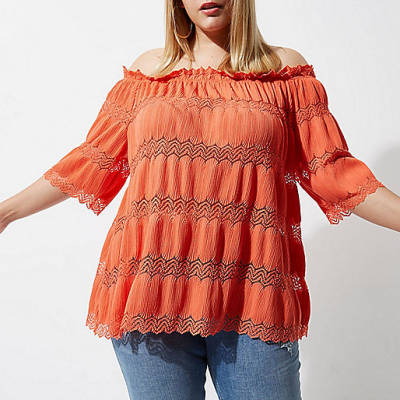 jacques-vertuk Plus coral orange lace bardot top 704192 women Tops Bardot / Cold Shoulder Tops