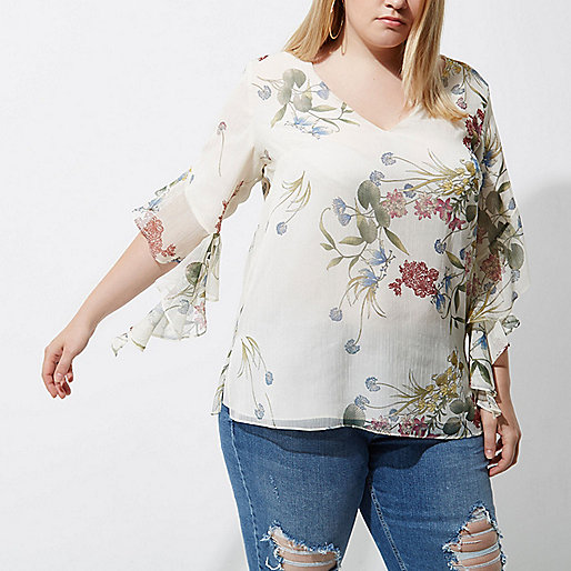 jacques-vertuk Plus cream floral print frill sleeve top 704673 women Tops