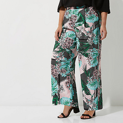 jacques-vertuk Plus green tropical print wide leg pants 703879 women Trousers