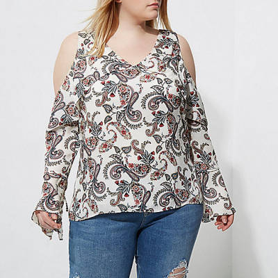 jacques-vertuk Plus grey paisley print cold shoulder top 704662 women Festival