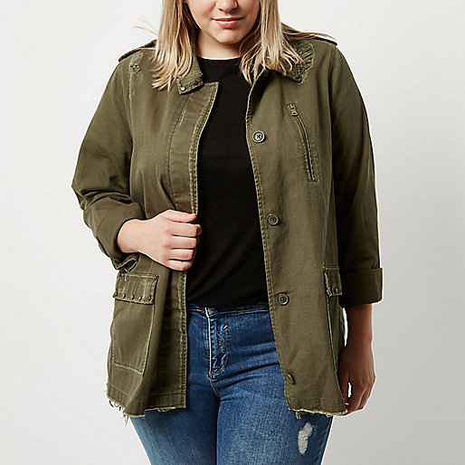 jacques-vertuk Plus khaki green distressed stud army jacket 697778 women Coats / Jackets