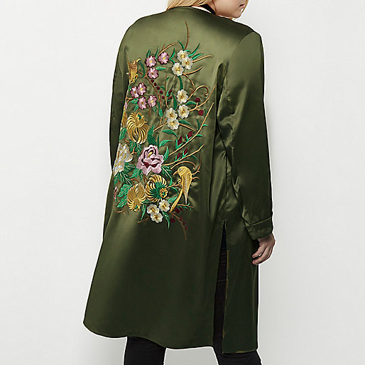 river island brown longline coat,jacques-vertuk Ireland Plus khaki green embroidered duster women 689933