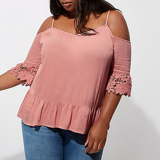 jacques-vertuk Plus light pink cold shoulder lace cuff top 704195 women Tops Bardot / Cold Shoulder Tops