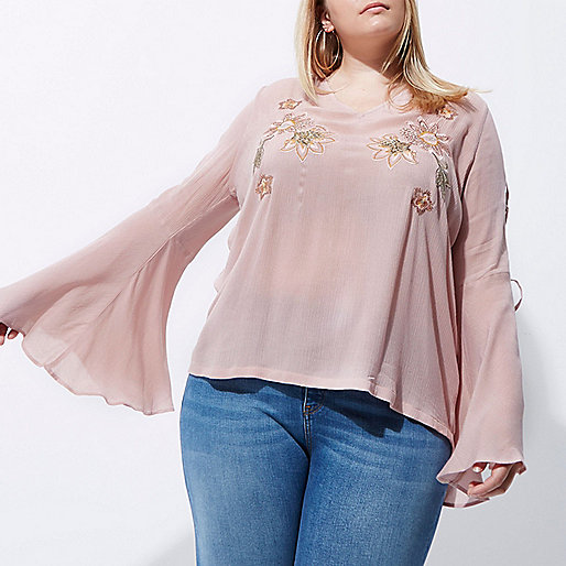 jacques-vertuk Plus pink embroidered flared sleeve top 704197 women Tops