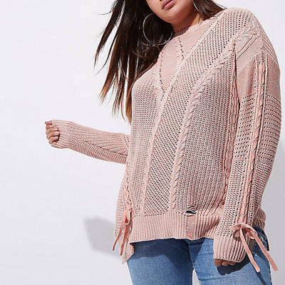 river island shop sale,jacques-vertuk Canada Plus pink ladder knitted tie detail sweater Sweaters Knitwear women