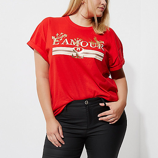 river island bardot top,jacques-vertuk Outlet Plus red  amour  print boyfriend T-shirt women 709585