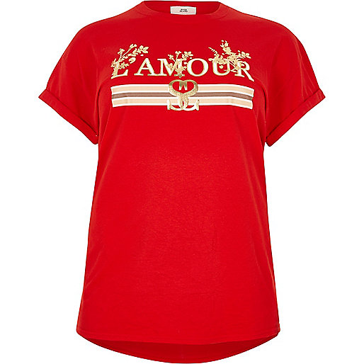 river island bardot top,jacques-vertuk Outlet Plus red  amour  print boyfriend T-shirt women 709585