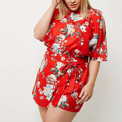 jacques-vertuk Plus red floral print tie waist romper 697994 women Playsuits / Jumpsuits