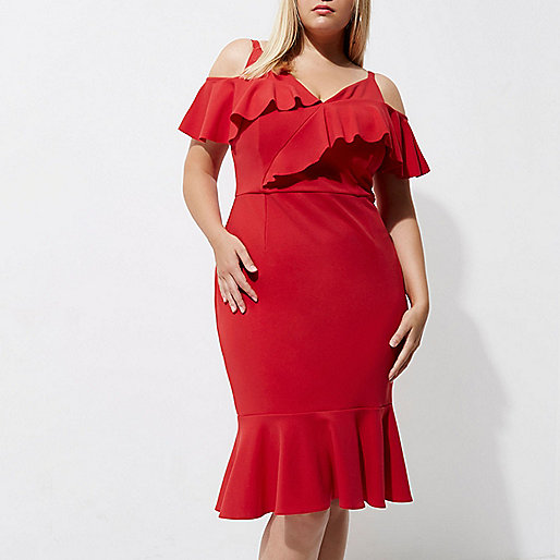 jacques-vertuk Plus red frill cold shoulder bodycon dress 707827 women Dresses Bardot / Bandeau Dresses