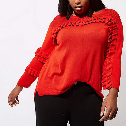 jacques-vertuk Plus red frill front knit sweater 706669 women Tops Blouses