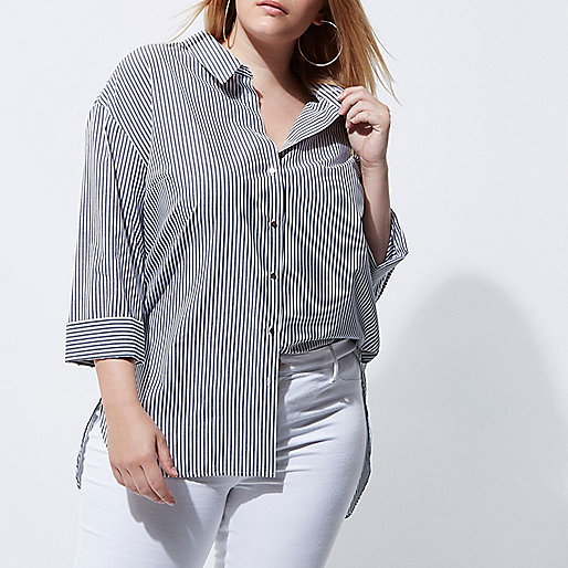 jacques-vertuk Plus white stripe rolled sleeve shirt 704687 women Tops Shirts