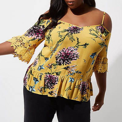 jacques-vertuk Plus yellow floral cold shoulder lace top 705319 women Tops