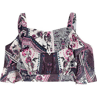 river island animal print shoes,jacques-vertuk Ltd Purple floral scarf print frill crop top Tops Sale women