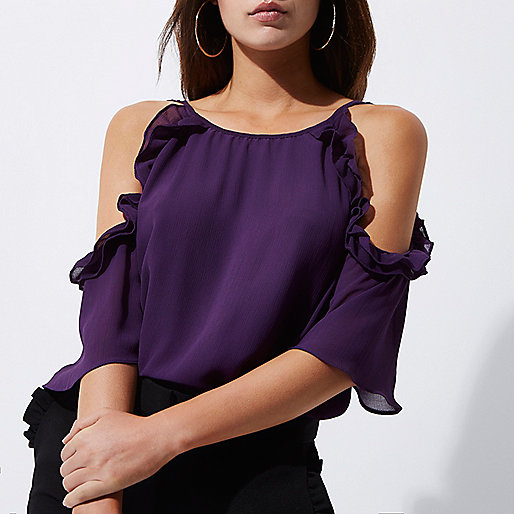 river island cover up,jacques-vertuk Sale Purple frill cold shoulder blouse women 704640