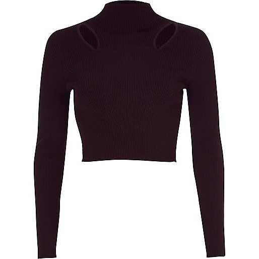 jacques-vertuk Purple ribbed cut out cropped long sleeve top 705314 women Knitwear Knitted Tops