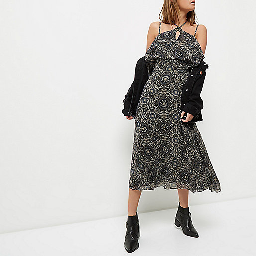 river island black longline belted puffer coat,New At jacques-vertuk Purple tile print cold shoulder midi dress Dresses Sale women