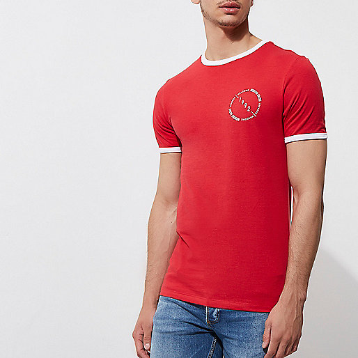 plus size coats at river island,jacques-vertuk London Red ‘1992’ print muscle fit ringer T-shirt men 302730