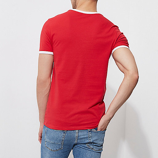 plus size coats at river island,jacques-vertuk London Red ‘1992’ print muscle fit ringer T-shirt men 302730