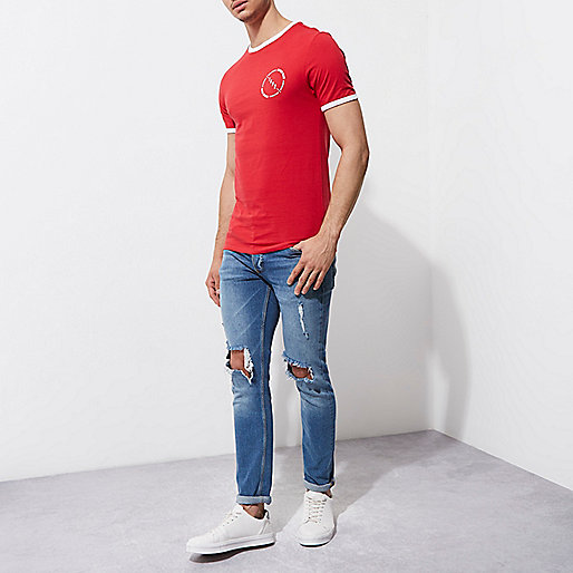 plus size coats at river island,jacques-vertuk London Red ‘1992’ print muscle fit ringer T-shirt men 302730