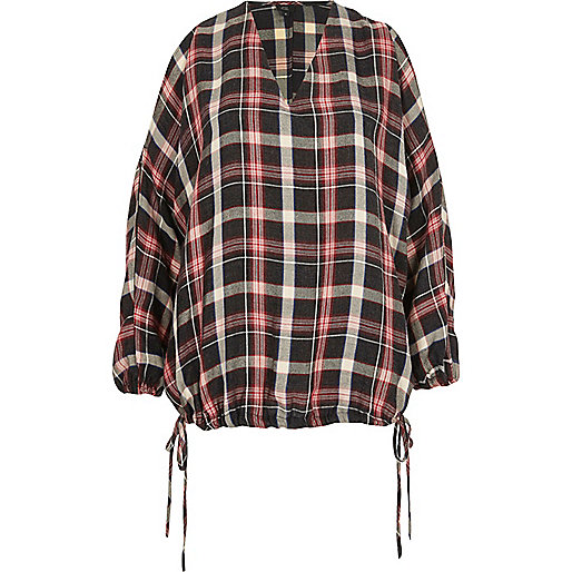 jacques-vertuk Red check cold shoulder drawstring hem top 707902 women Tops Bardot / Cold Shoulder Tops